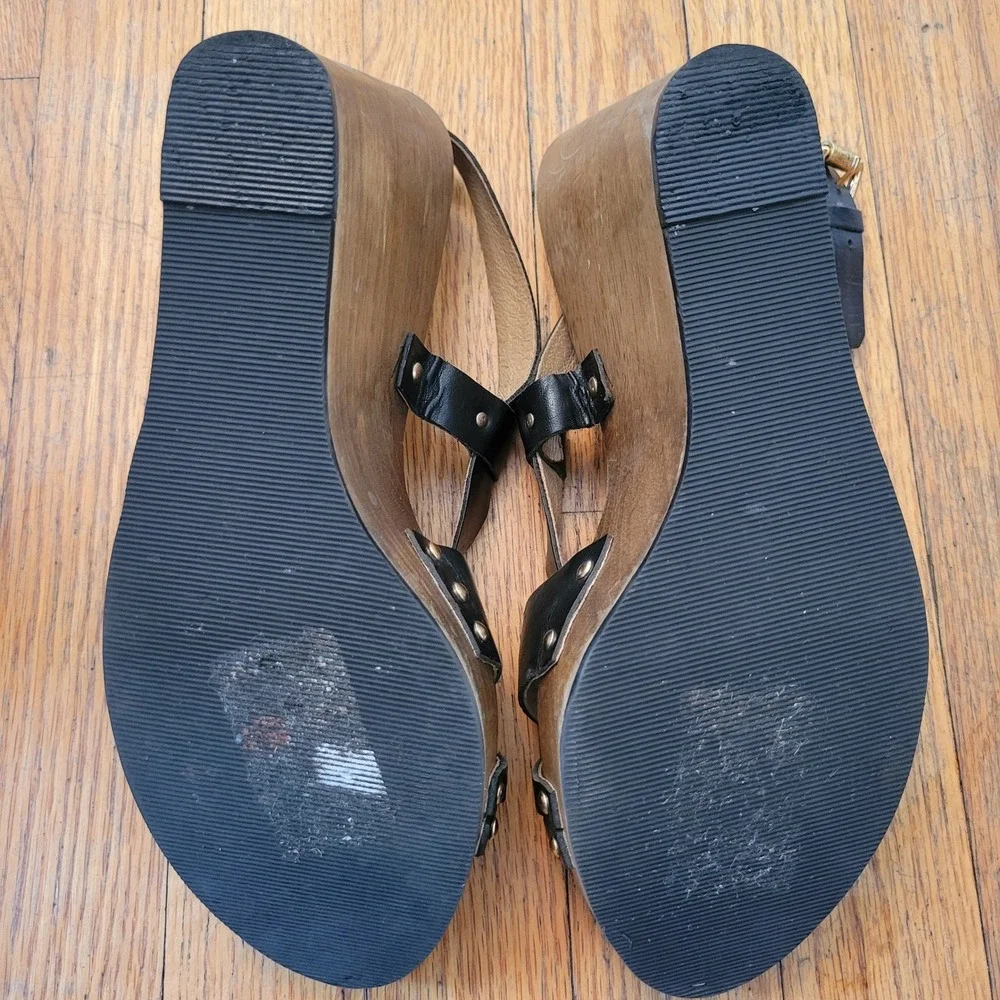 Michael Kors 10 Wedge Sandals Black Leather Wood Platform Open Toe Inglewood